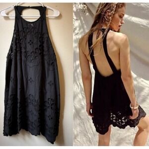 Free People Large Black Eyelet Mini Dress Halter Backless Embroidered‎ EUC